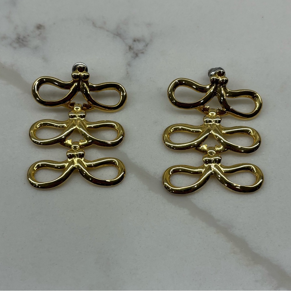 Vintage Gold Tone Bow-Link Drop Dangle Pierced Earrings